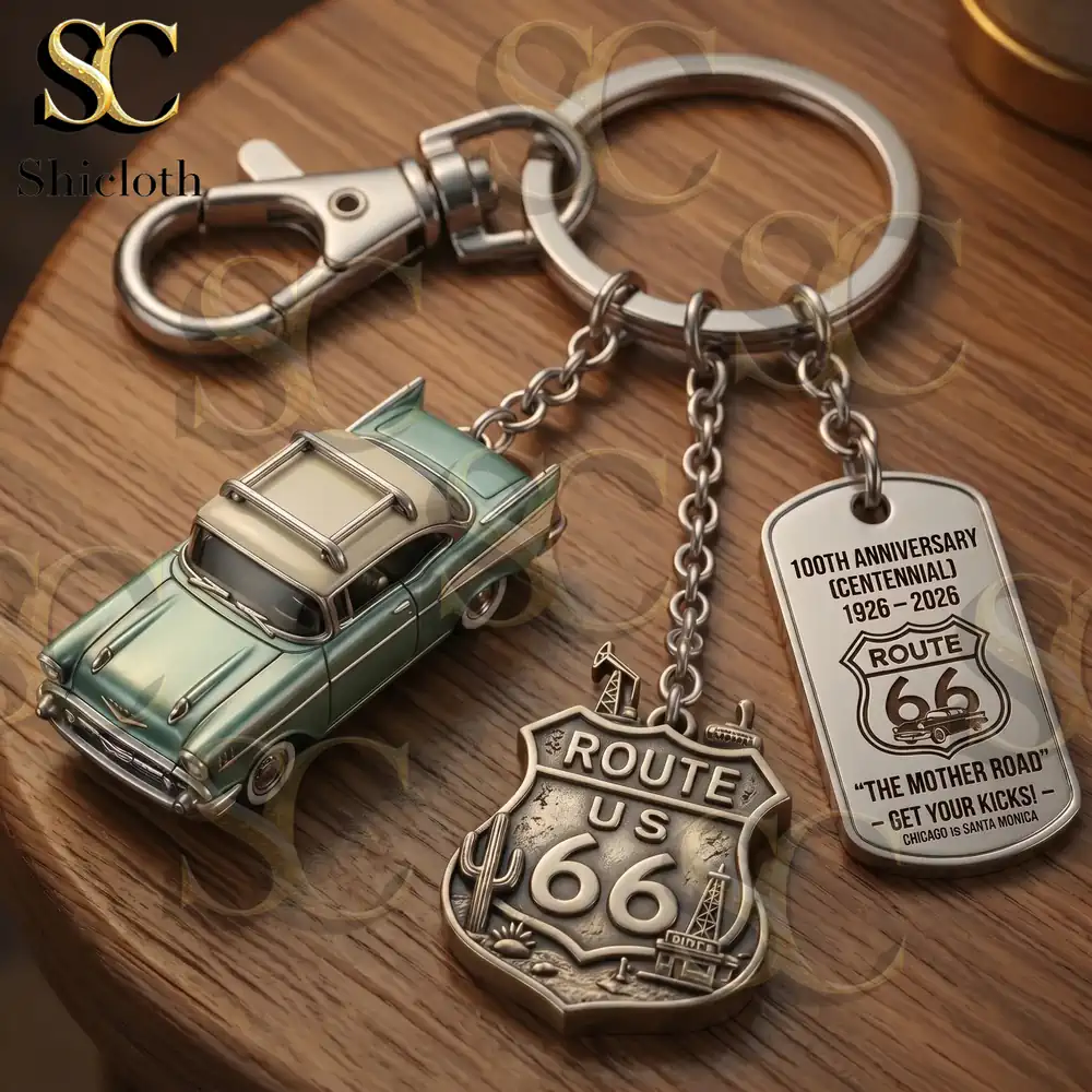 Close up Route 66 keychain with vintage car on wooden table!