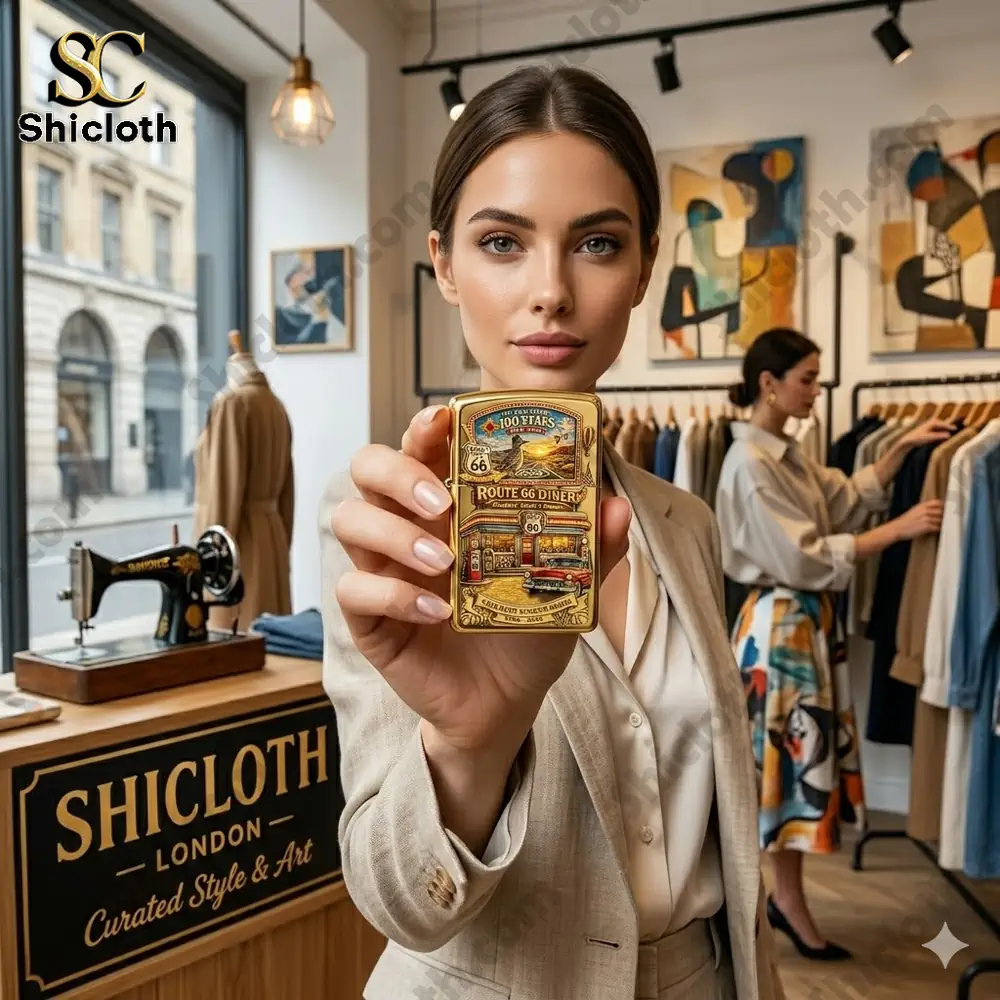 Woman holding vintage Route sixty six lighter in fashion shop