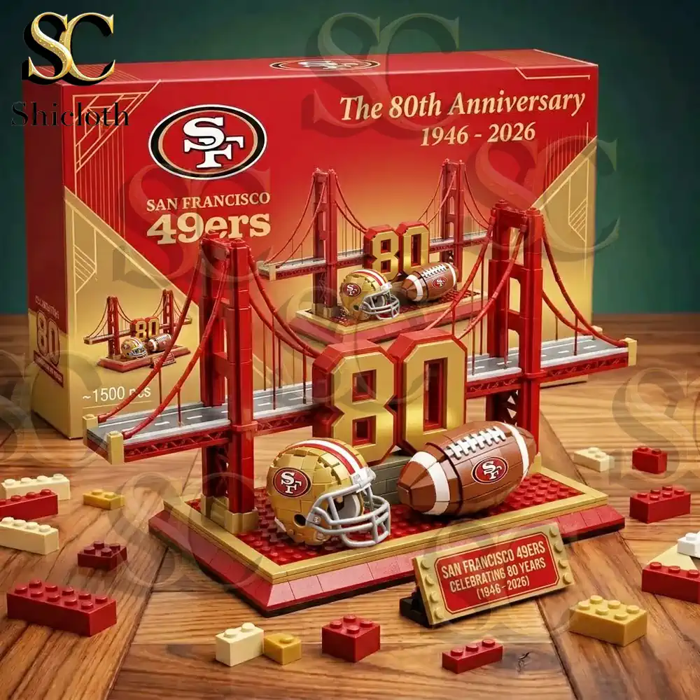 San Francisco 49ers commemorative brick set with branded packaging and loose pieces on a wooden surface!