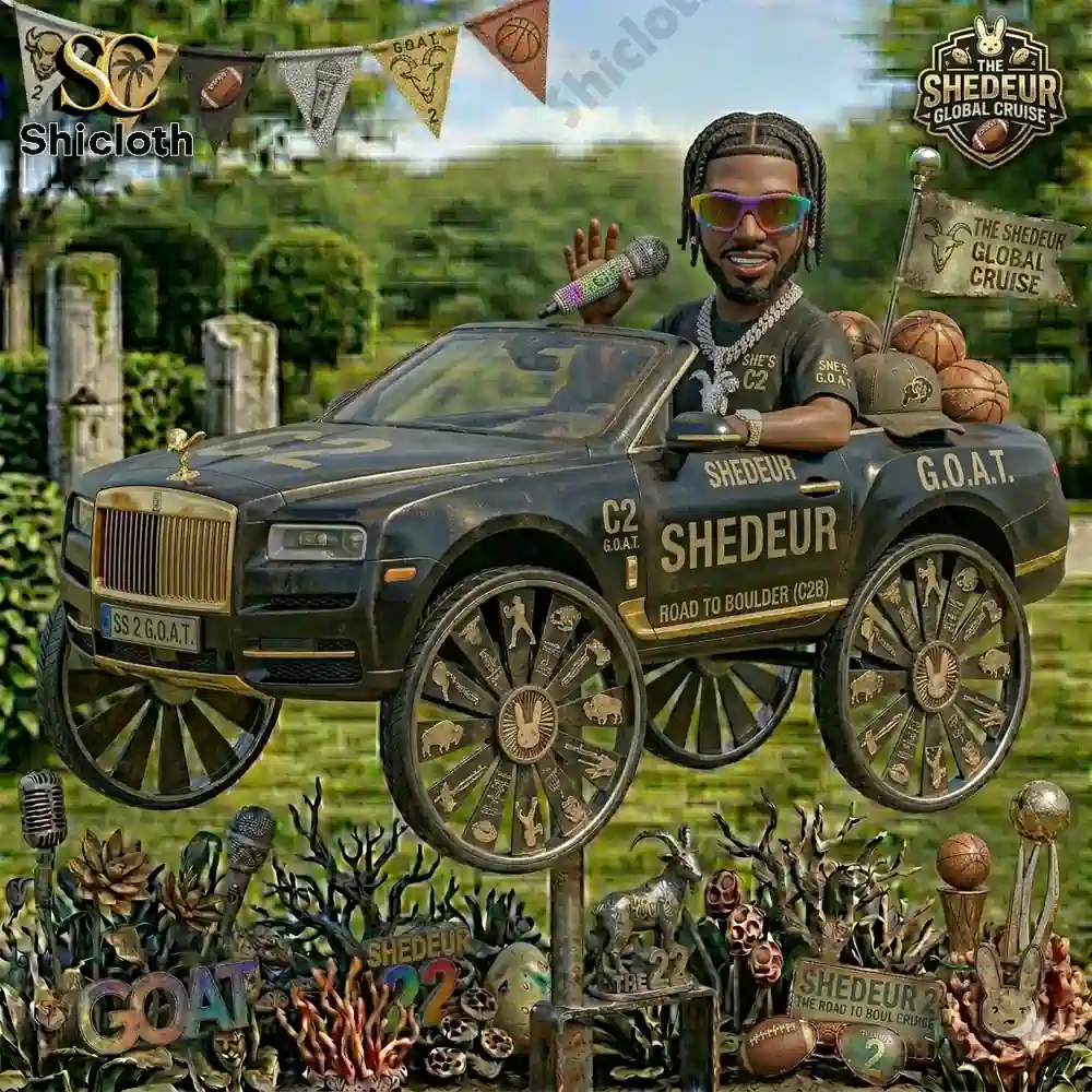 Luxury black car model with stylized figure holding microphone and decorative wheels