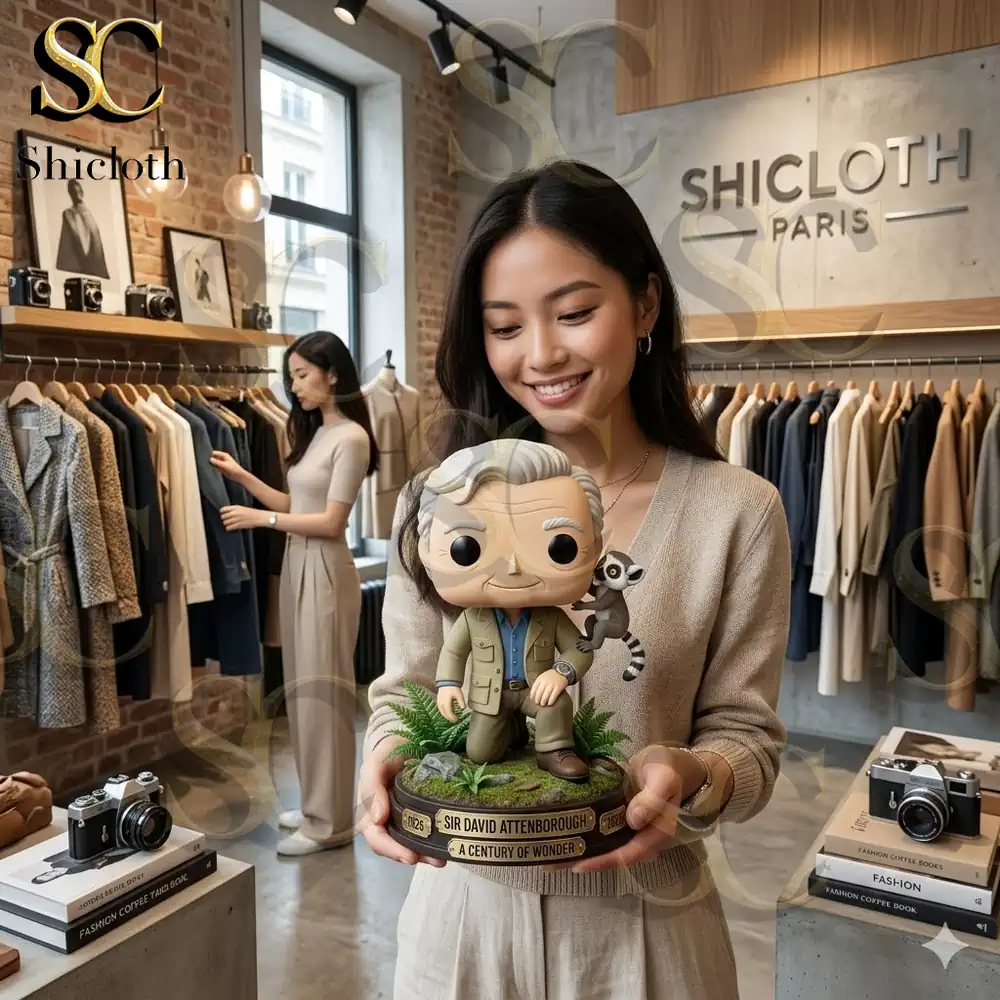 Woman holding Attenborough figure in fashion shop
