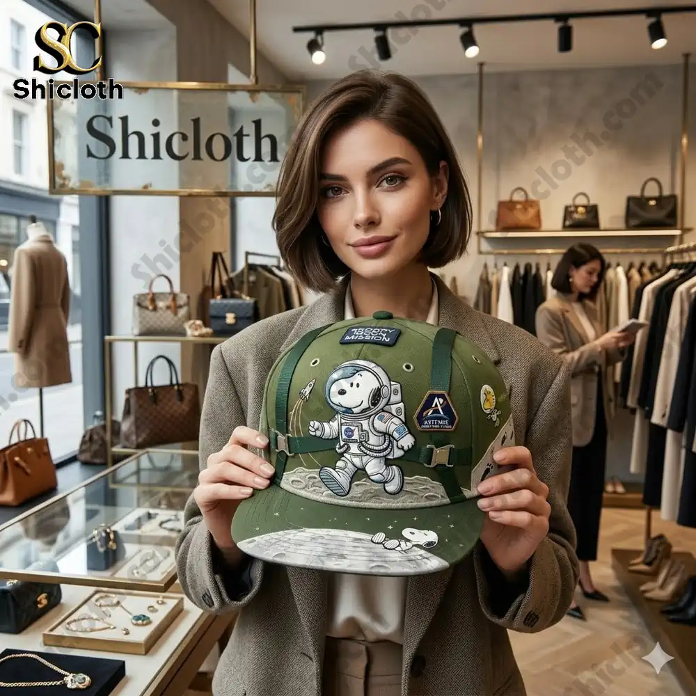 Woman holding green Snoopy moon mission cap in fashion store