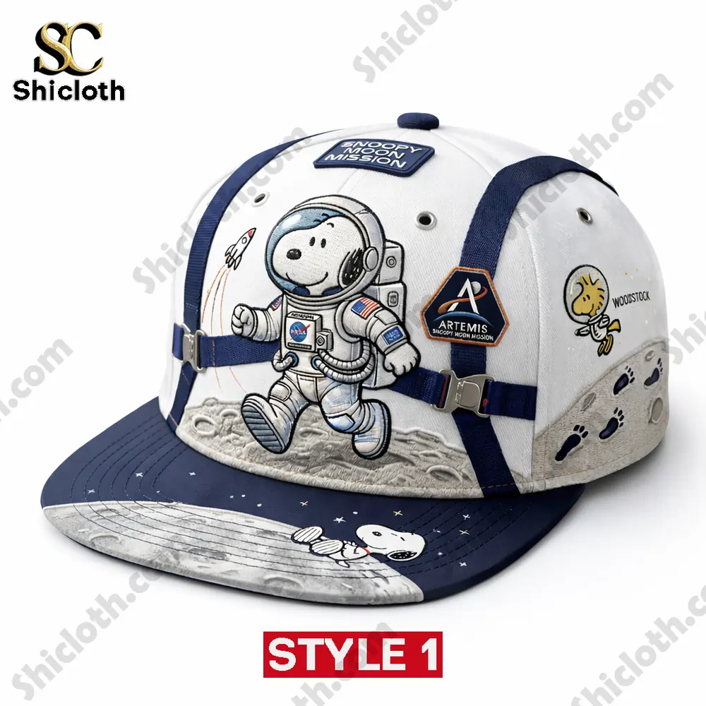 White and blue Snoopy moon mission cap with astronaut design