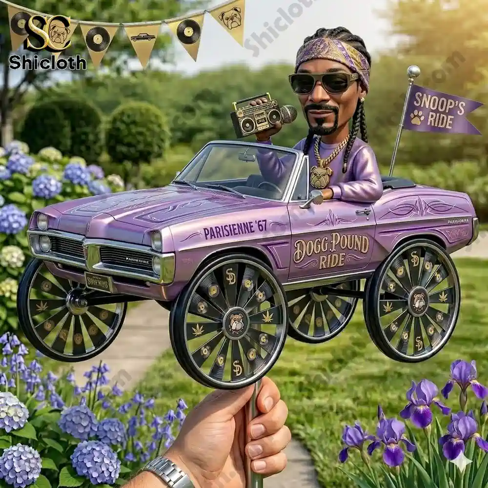 Purple classic car model with hip hop figure holding a radio in a garden!