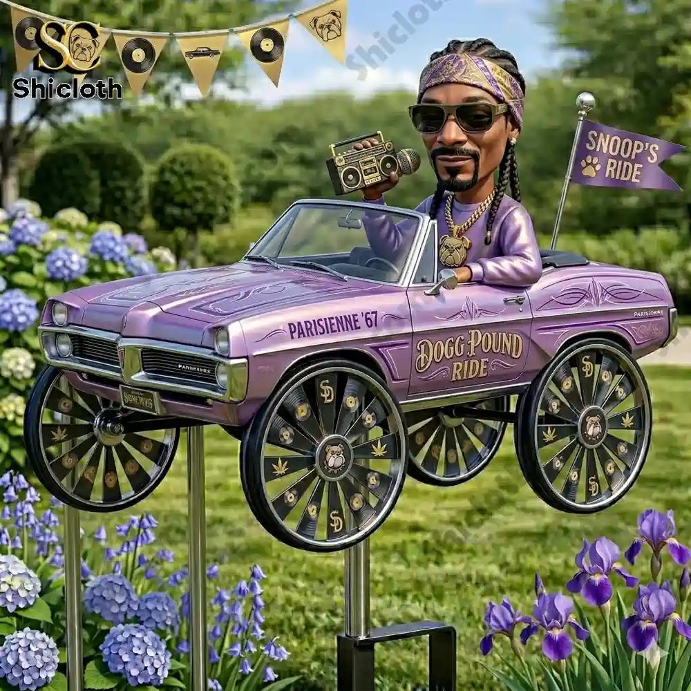 Purple classic car garden spinner displayed on a stand outdoors!