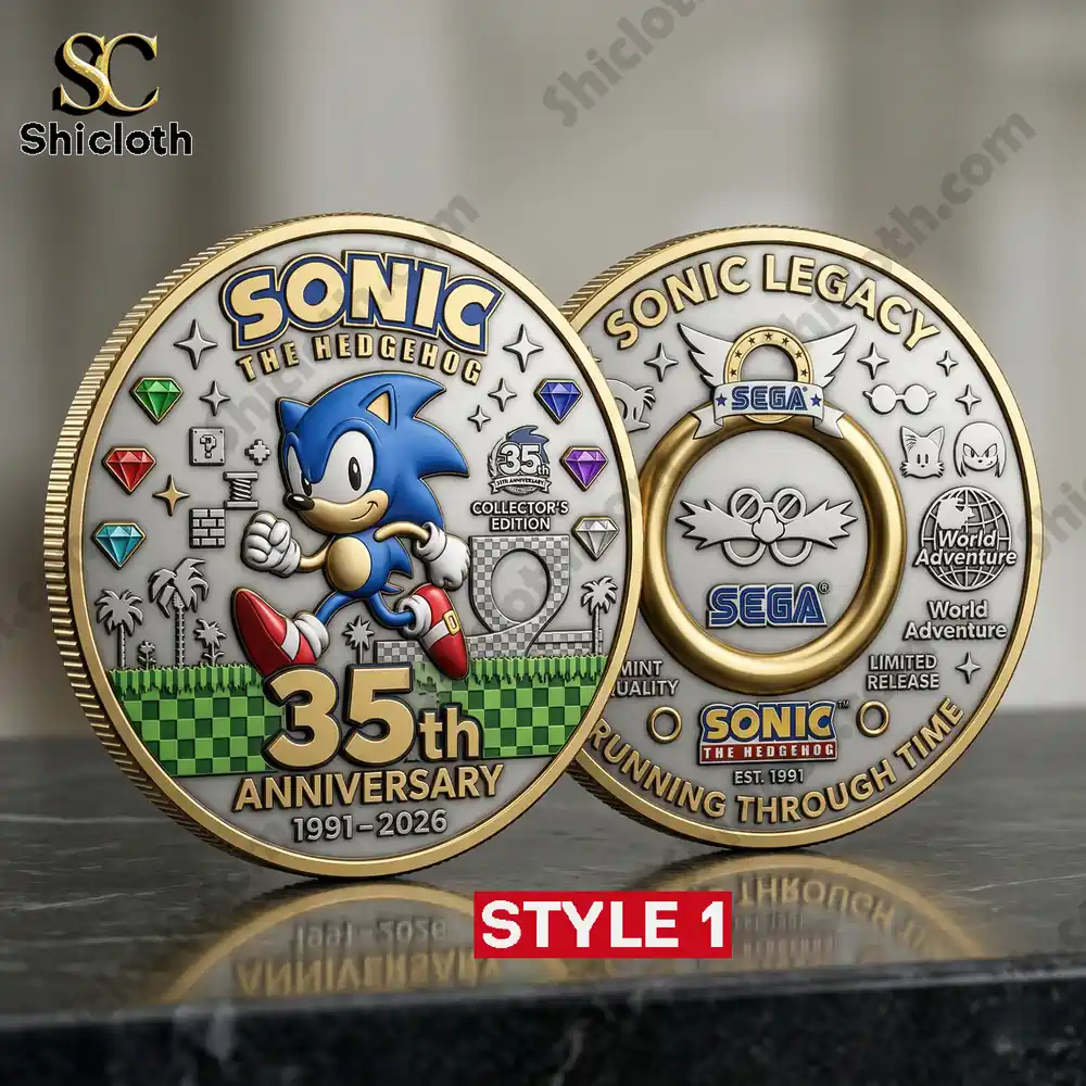 Sonic 35th Anniversary Legacy Coin 3 Front and back view of Sonic anniversary coin style one