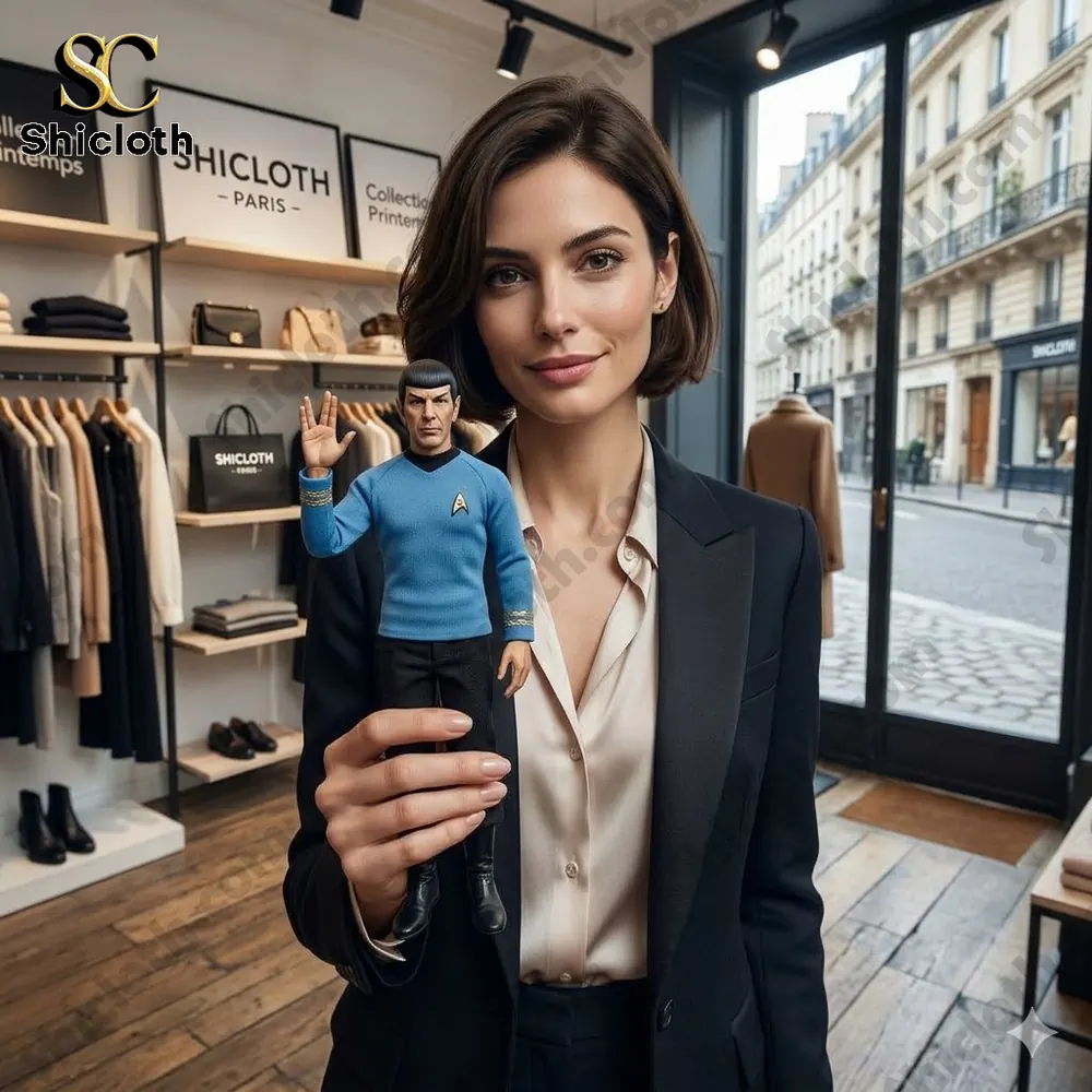 Woman holding Spock figurine inside fashion store
