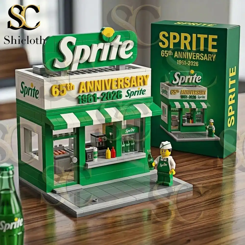 Close up of a Sprite 65th Anniversary building brick soda shop model with a small worker figure and green box on a wooden surface!