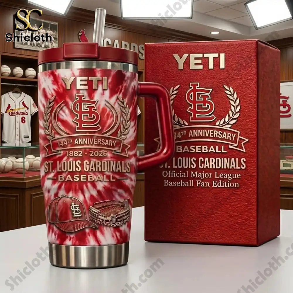 Red st louis cardinals yeti tumbler with matching box display