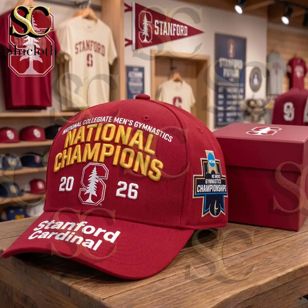 Red Stanford Cardinal national champions cap on wooden table