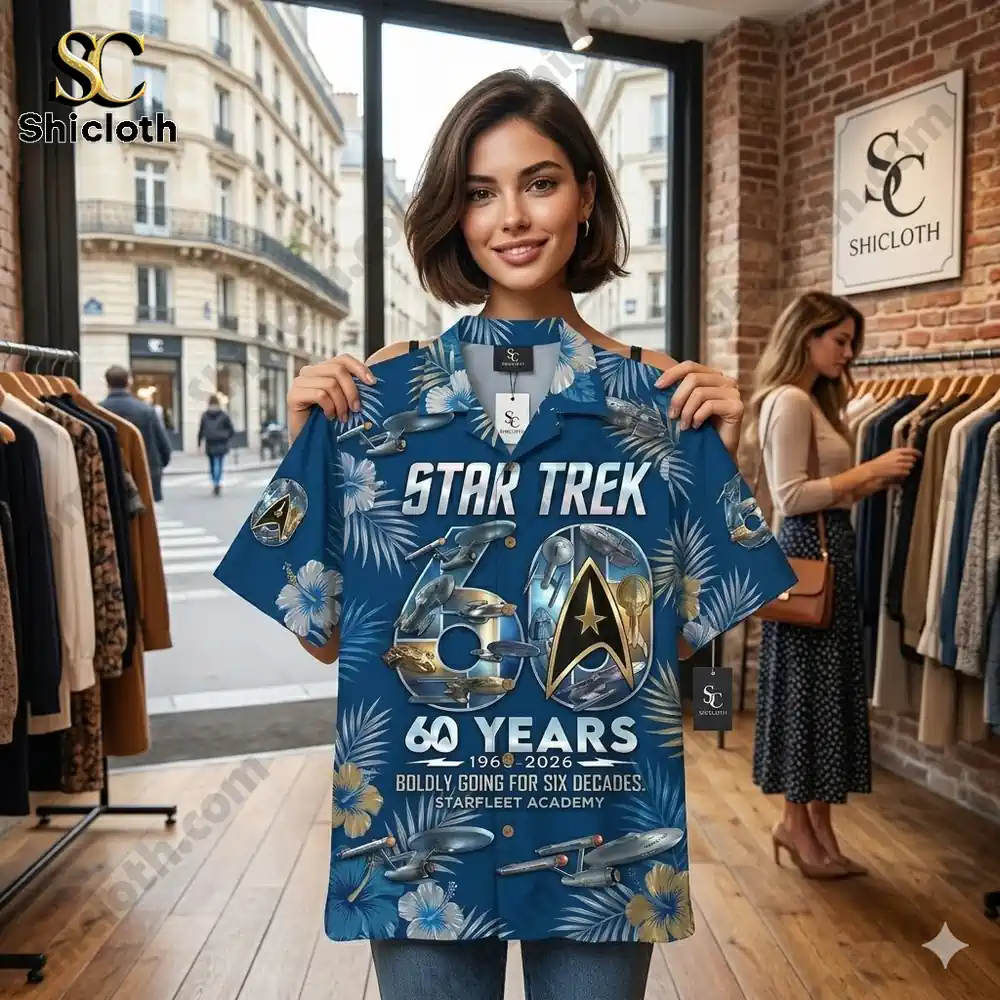 A woman in a shop holding up a detailed Star Trek 60 Years Hawaiian shirt.