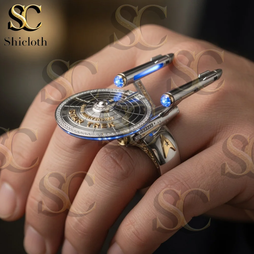 close up star trek enterprise ring with glowing blue details!