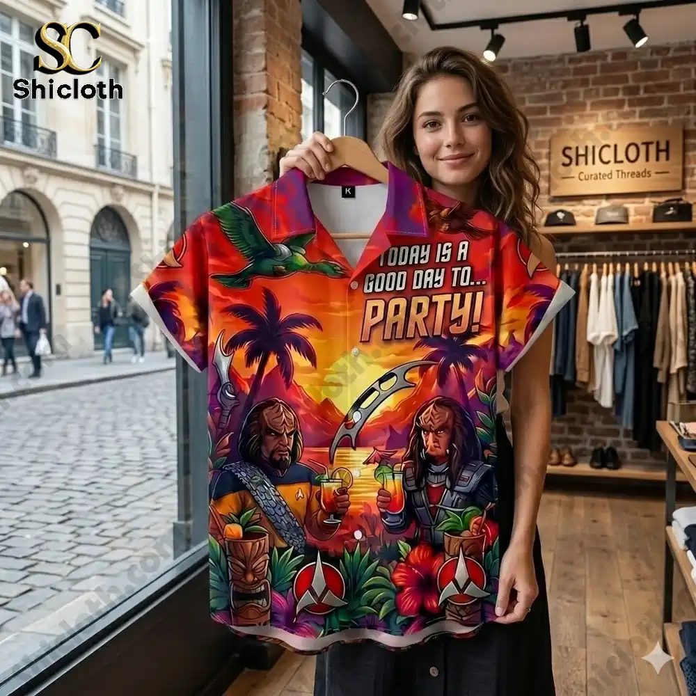 A woman in a shop holds up a Star Trek Klingon party Hawaiian shirt!