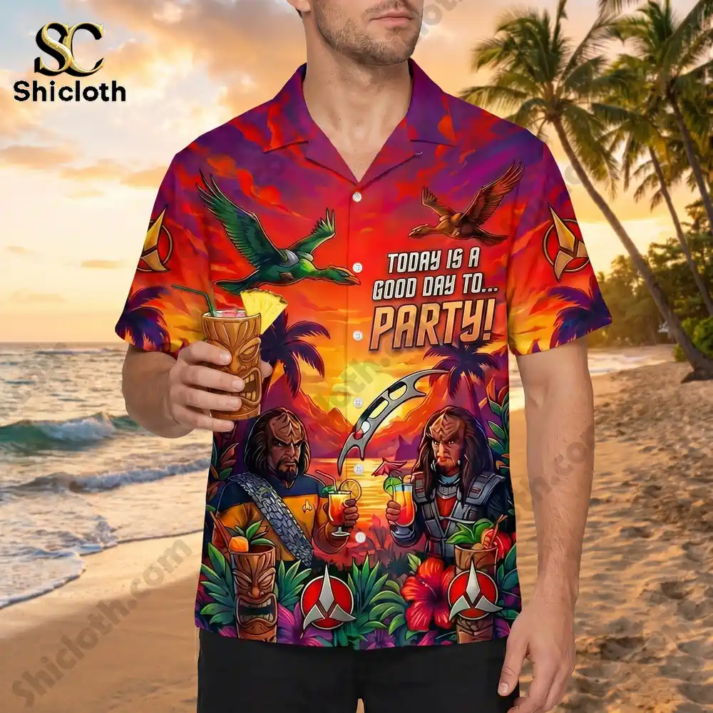 Close up of a man wearing a Star Trek Klingon Hawaiian shirt!