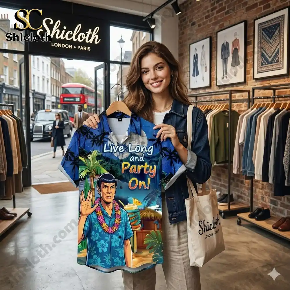 A smiling woman in a denim jacket and linen trousers stands inside a fashion boutique, holding up a printed Aloha shirt on a hanger. The shirt features Spock with a floral lei making the Vulcan salute against a tropical night background with the text Live Long and Party On. The shop interior has exposed brick, clothing racks, framed art, and a view of a London street. A tote bag with the Shicloth logo is in her left hand, and the main shop sign is visible above the door.