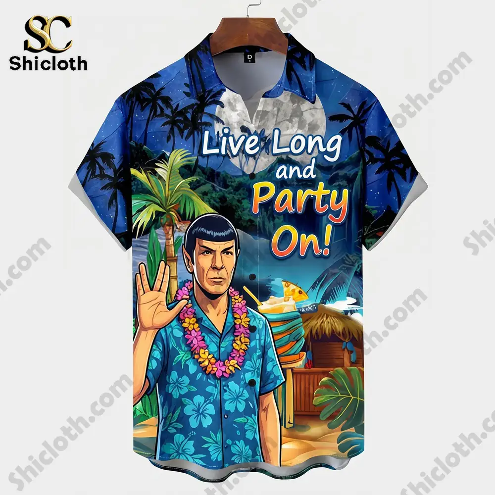 A full product shot of a short-sleeved blue and green tropical print button-up shirt featuring a cartoon illustration of Spock wearing a multi-colored floral lei, making a Vulcan salute. He stands on a beach in front of a palm tree, a tiki hut, and a full moon with text above him that reads Live Long and Party On! A large SC Shicloth logo is in the top left corner, with repeating Shicloth watermarks across the image.