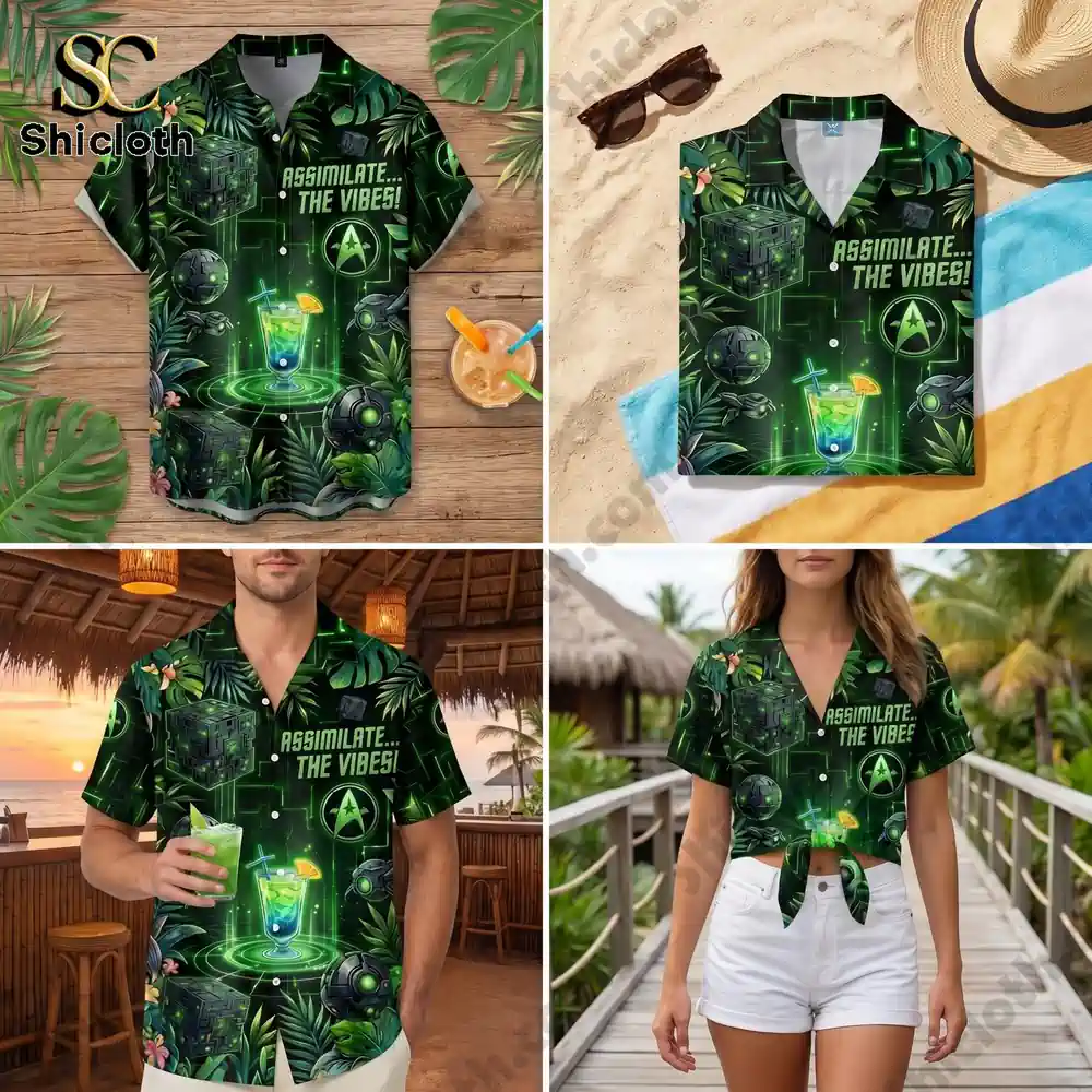 A four-panel collage showing a green Borg-themed Hawaiian shirt displayed flat on wood and sand, on a man at a beach bar, and on a woman with a tied front on a beach path!