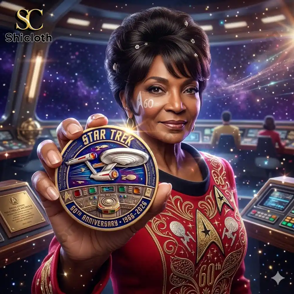 Woman in Star Trek uniform holding anniversary coin!