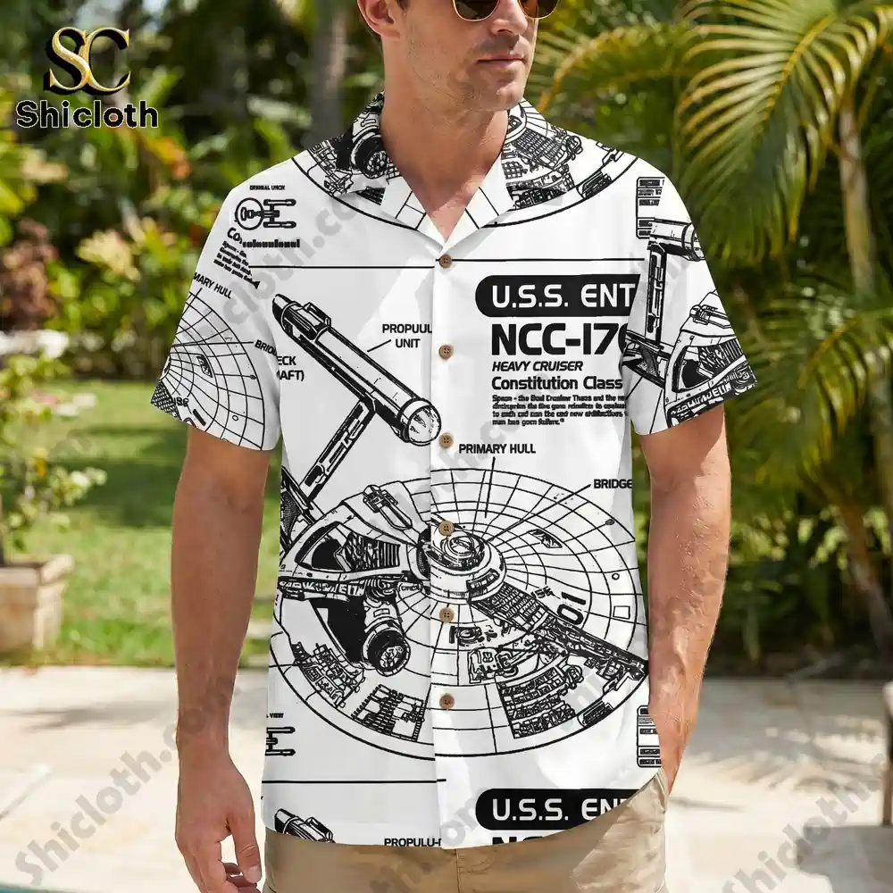 Man wearing U.S.S. Enterprise technical diagram short sleeve shirt outside!
