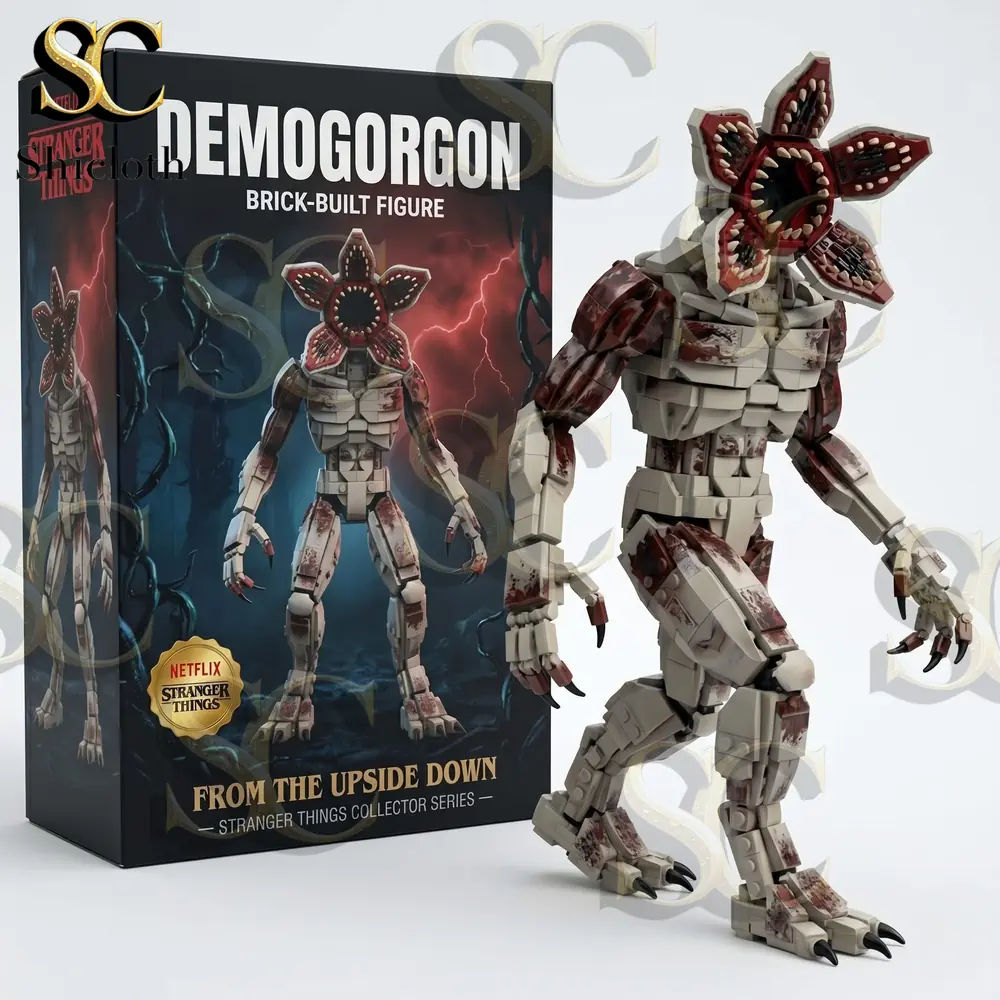 Close up of a Demogorgon brick built figure standing next to its branded collector box on a white background!