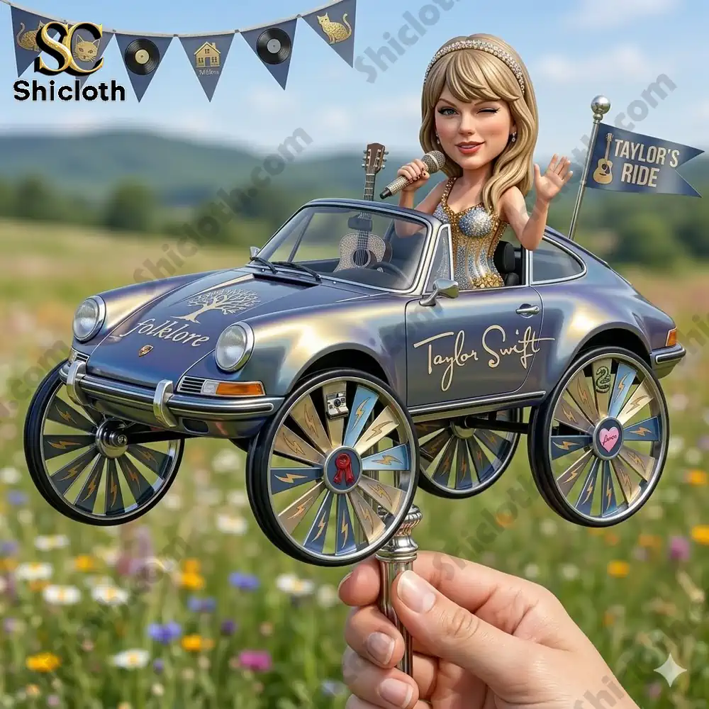 Singer figure driving vintage car wind spinner in flower field!