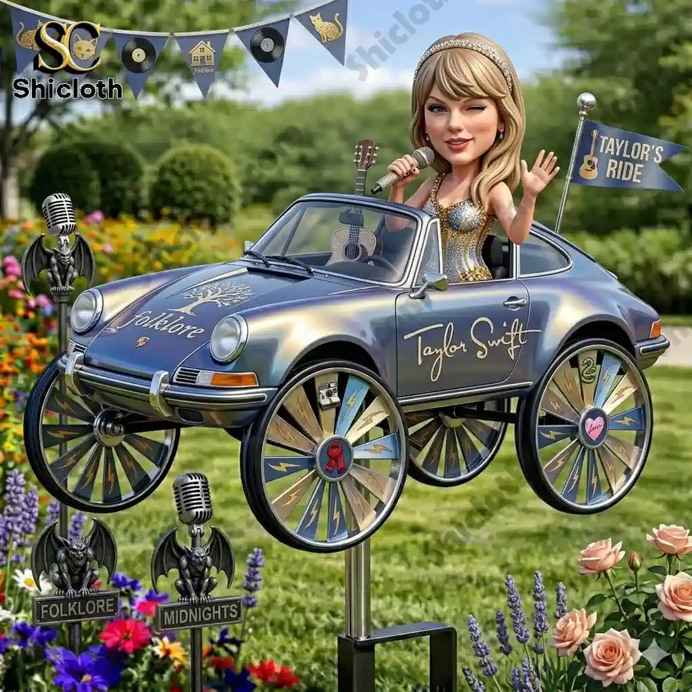 Singer figure in vintage car wind spinner with garden flowers and microphones!