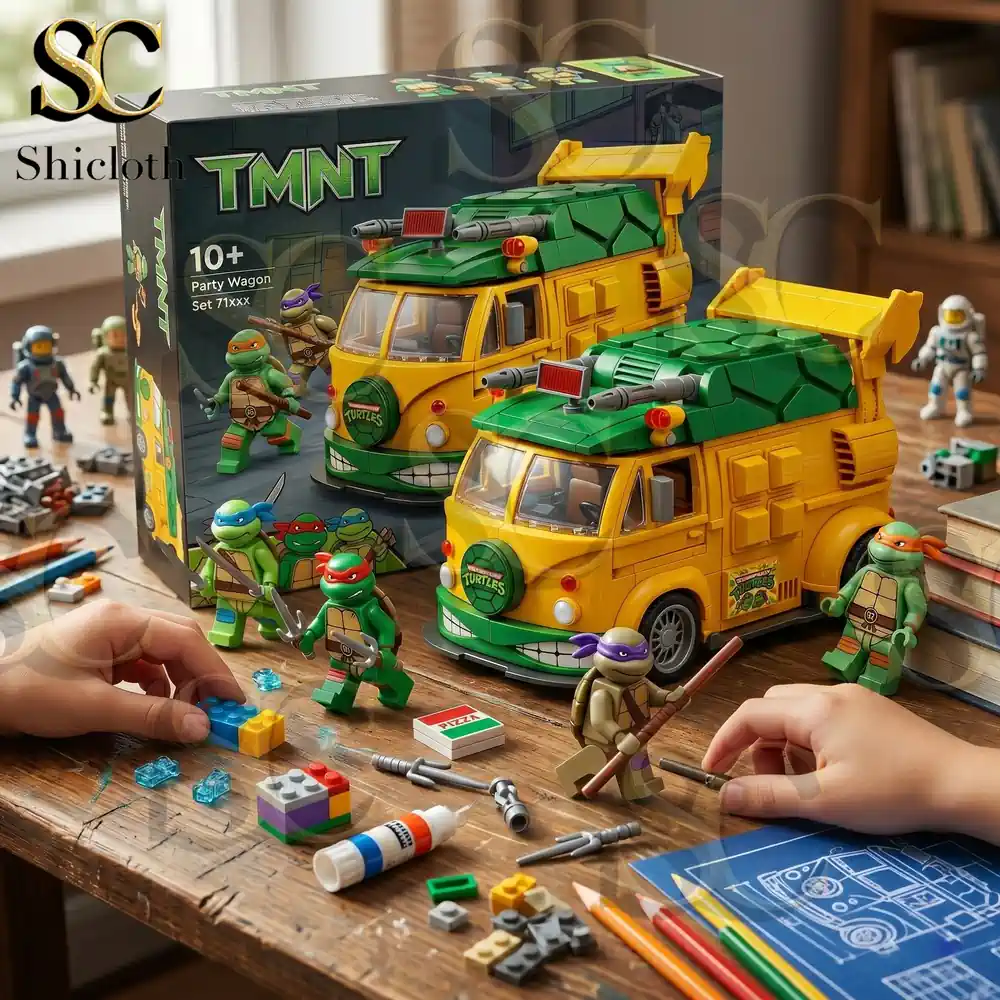 kids assembling ninja turtles wagon toy set