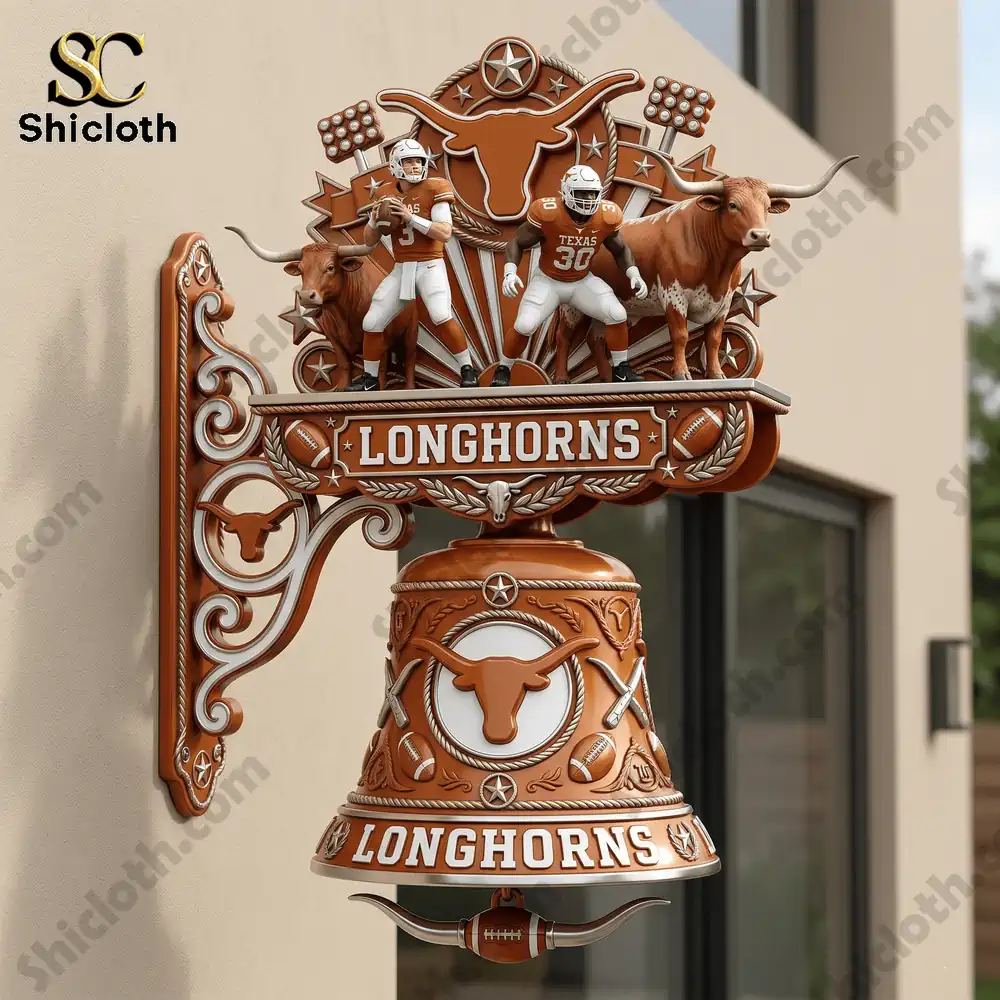 Guinness ESTD 1759 Commemorative Wall Bell 8 Texas Longhorns wall bell mounted outside with detailed players and bull design