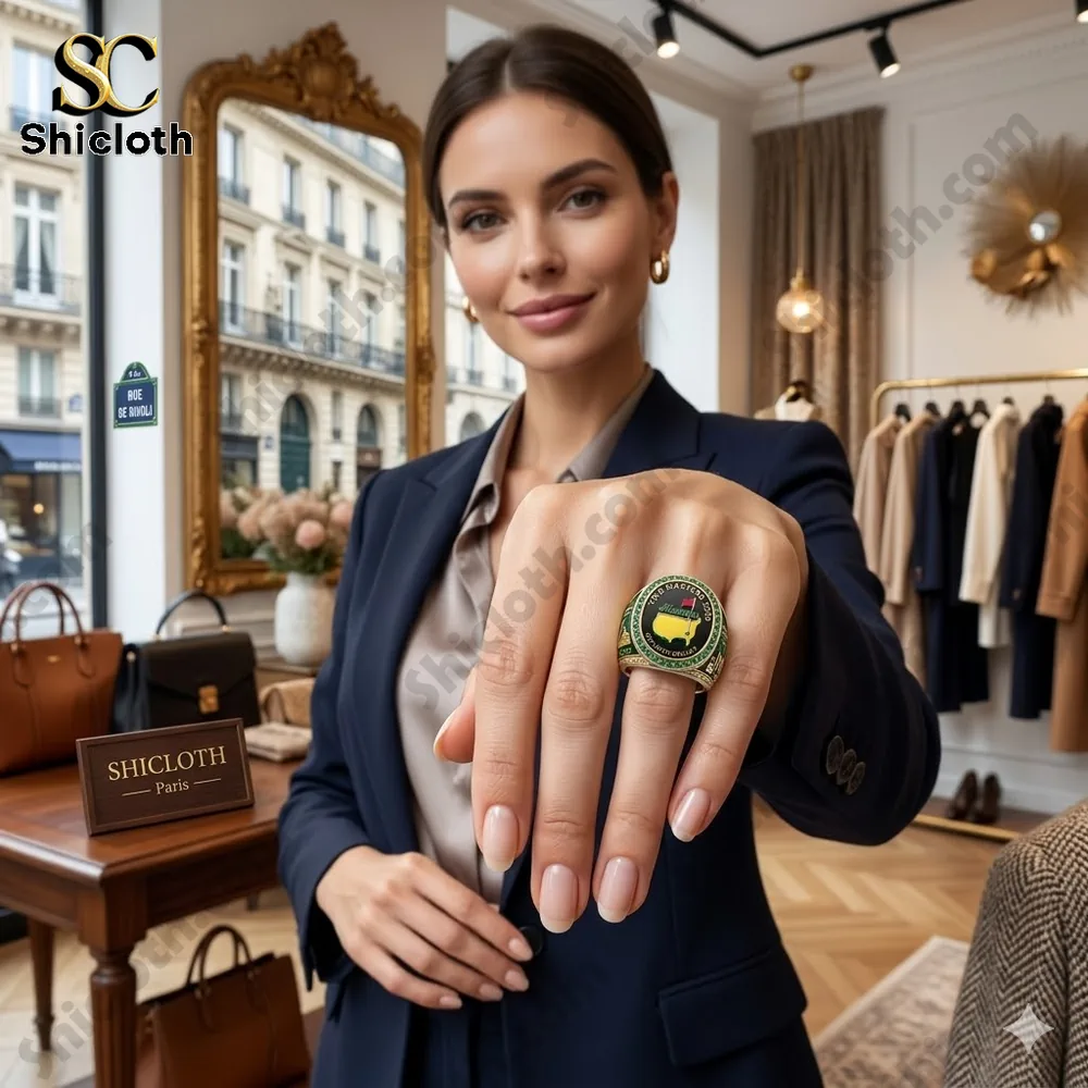 Woman wearing green Masters commemorative ring in boutique