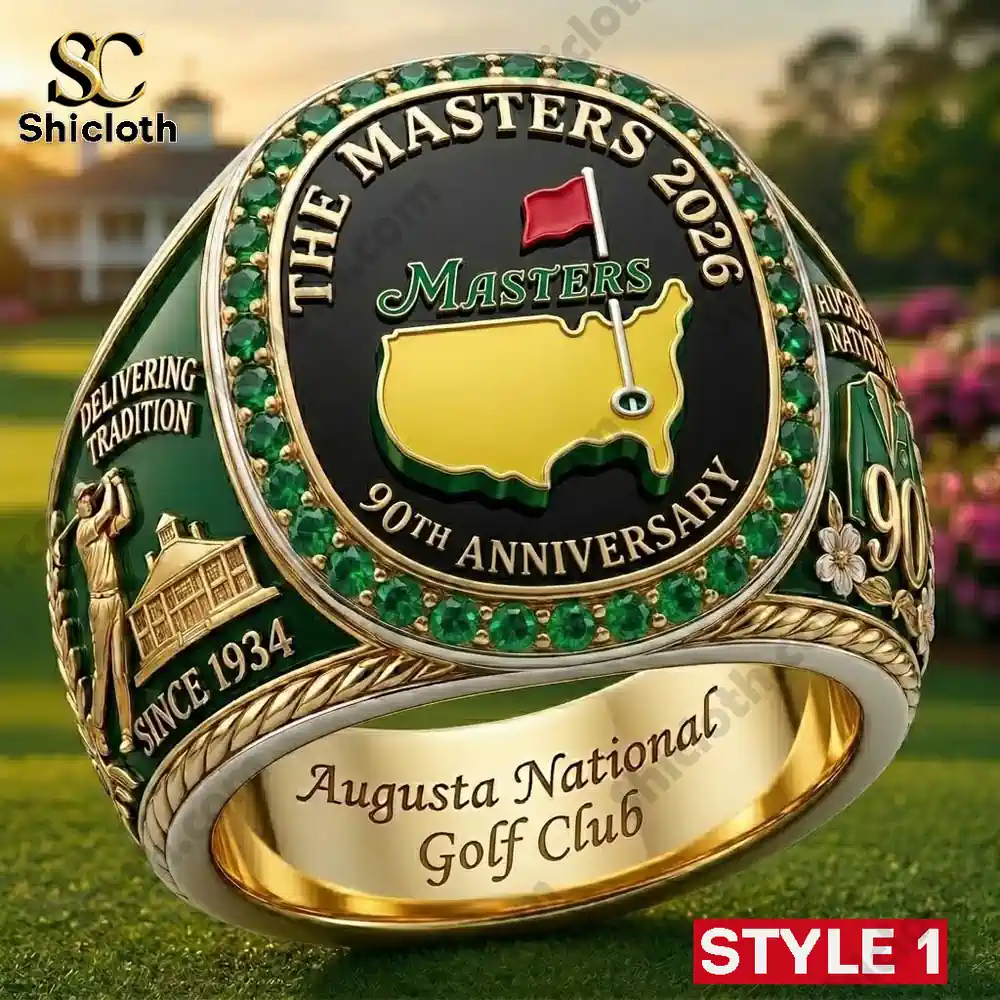 Close up of Masters commemorative ring with green and gold design