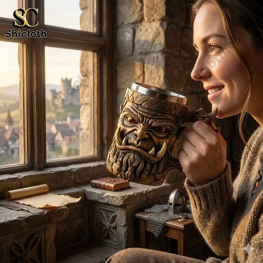 Woman holding warrior mug by castle window!