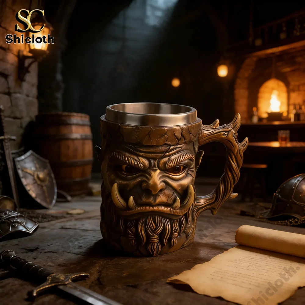 Warrior mug on wooden table in medieval tavern!