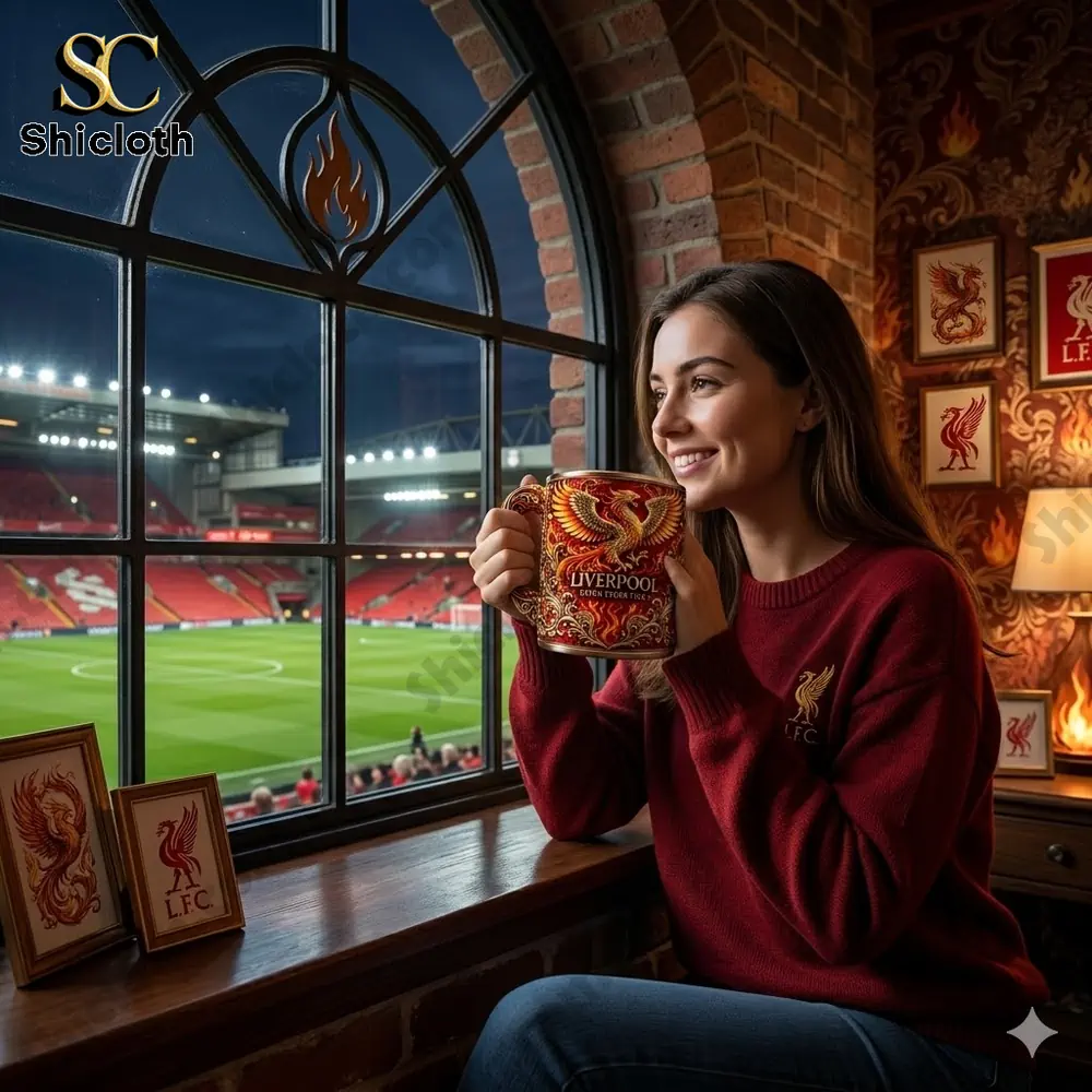 Woman holding Liverpool mug near stadium window