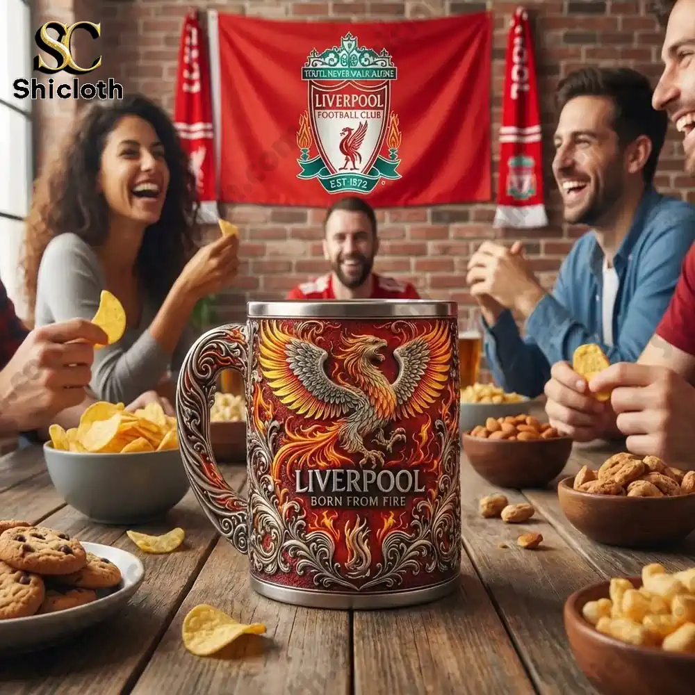 Friends watching football with Liverpool mug and snacks
