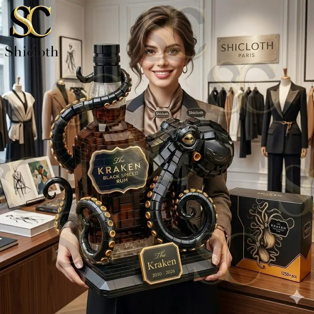 Woman holding kraken rum bottle brick model in fashion shop!