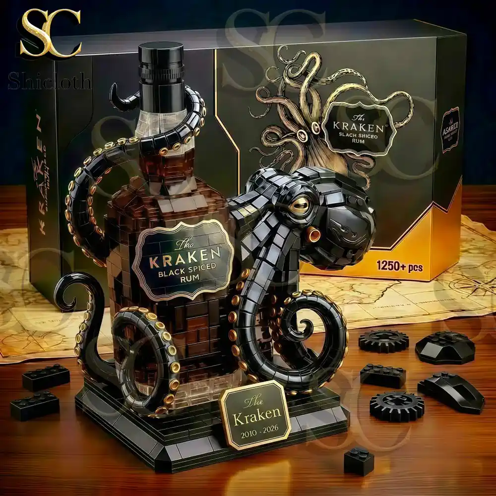 Kraken rum bottle brick model with box on wooden table!