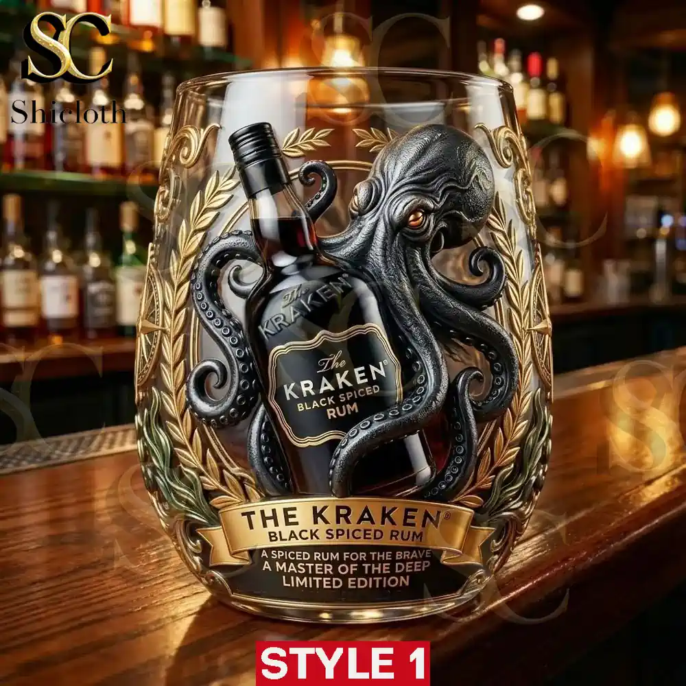Kraken rum glass with octopus design on bar table!