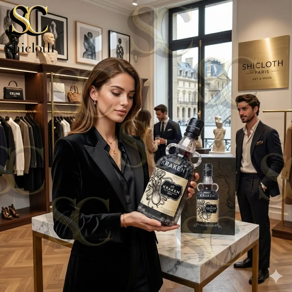 Elegant woman holding Kraken bottle inside luxury Shicloth fashion store!