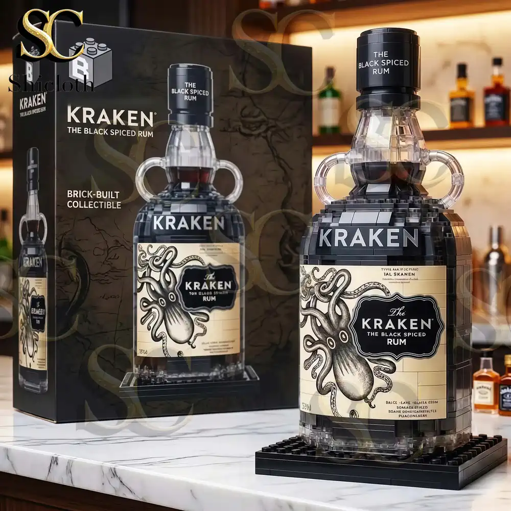 Kraken brick built bottle displayed with packaging box on table!