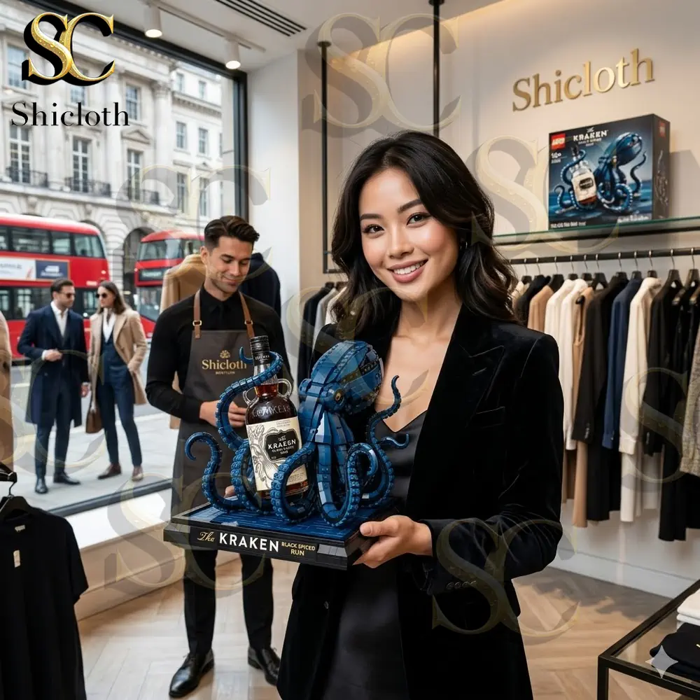 Woman holding Kraken brick set display in Shicloth store!