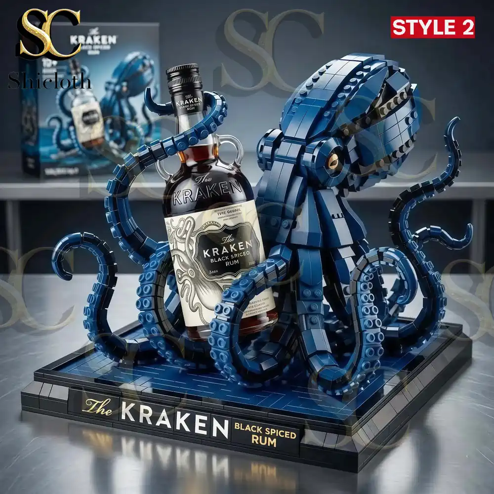 Blue Kraken brick model holding rum bottle on display base!