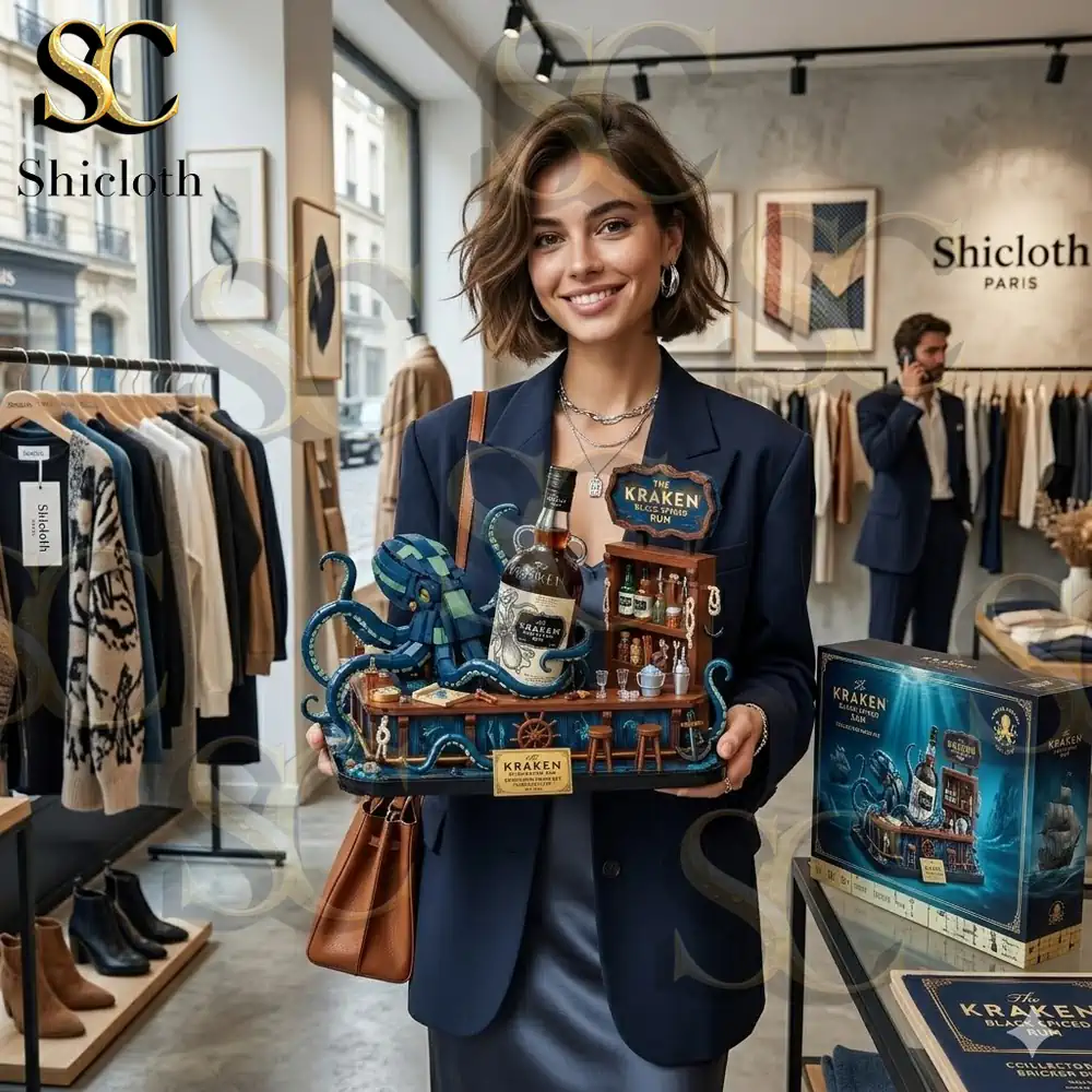 Woman holding Kraken rum collector display in fashion store!