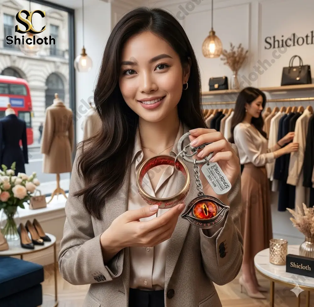 Woman holding Shicloth ring and eye keychain in fashion store