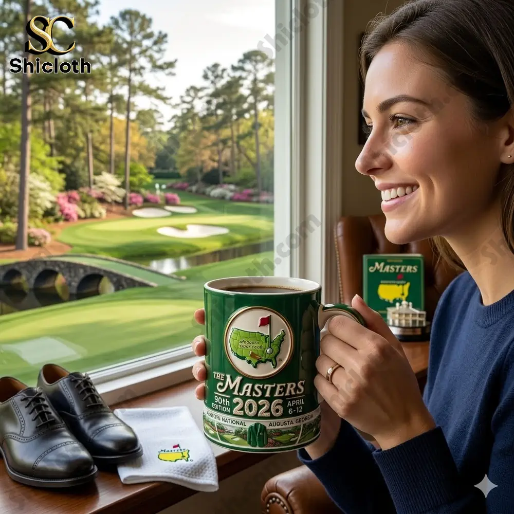 Woman holding green Masters mug looking at golf course view!