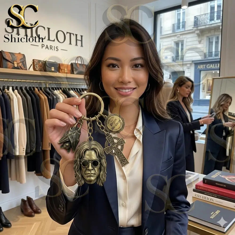 Woman holding metal keychain in fashion store