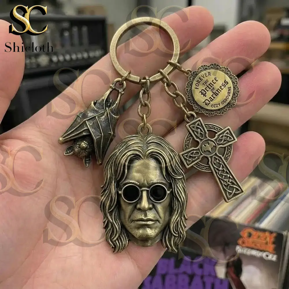 Close up metal keychain with rock style design