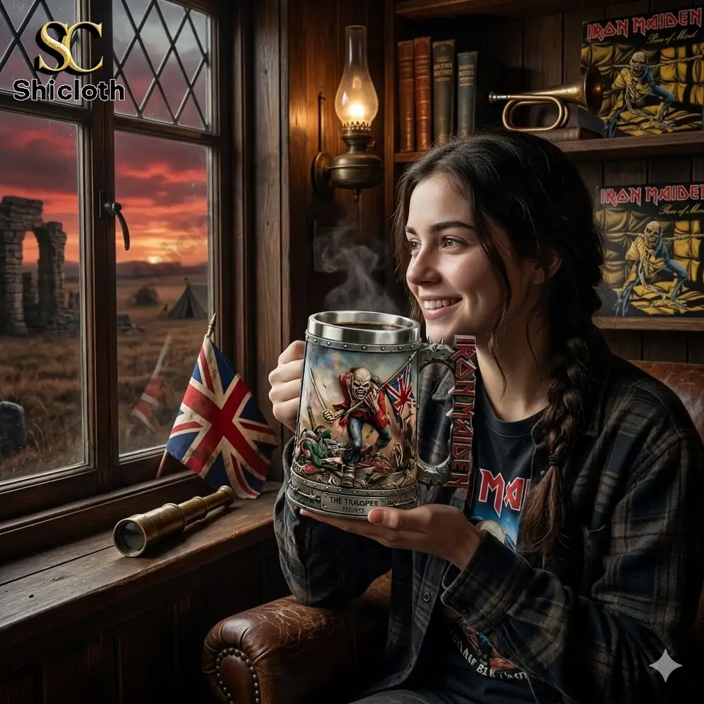 Woman holding Iron Maiden Trooper mug near window with sunset
