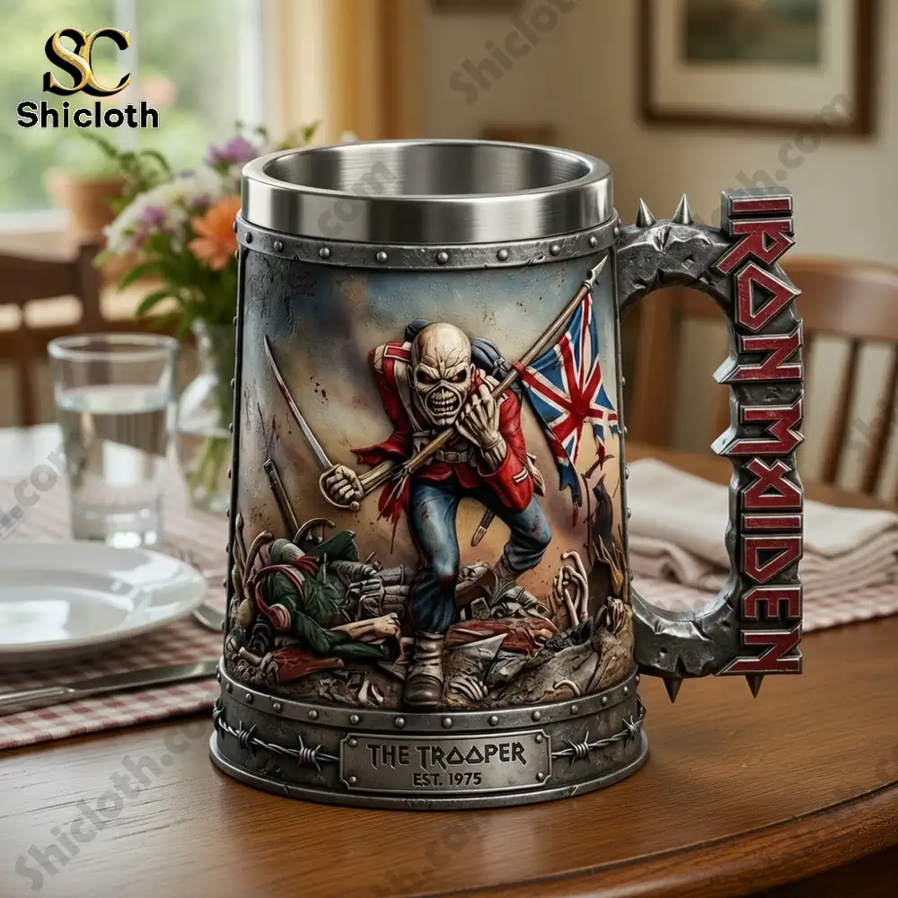 Close up Iron Maiden Trooper mug on dining table