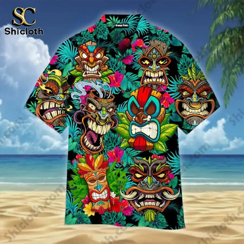 Alternative view of Tiki Mask Mens Funny Floral Hawaiian Shirt