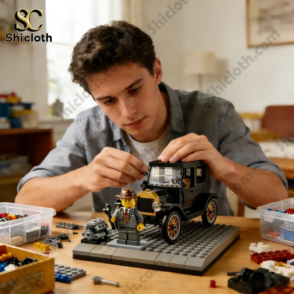 Young man building classic car brick model on table!
